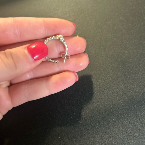 David Yurman Silver Gold Pearl Hoop Earrings - Picture 5 of 9